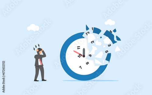 Time is running out. Deadline. Incompetence in managing time a businessman standing scared in front of clock which is breaks down into pieces.Stressed beacuse the deadline is almost ending