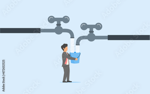 Incomes from various assets.Flow of money from various types of businesses. Businessman collecting water from several pipes with bucket. Business people who don't just depend on one source of income
