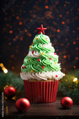 Christmas cupcake or muffin with green whipped cream, red star sprinkles on black background. Xmas homemade dessert.