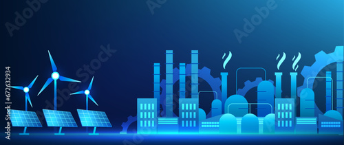 Industry 4.0 business technology Factory on the side has windmill and solar cells It refers to the manufacturing industry that uses clean energy and is fully automated. Artificial intelligence is used