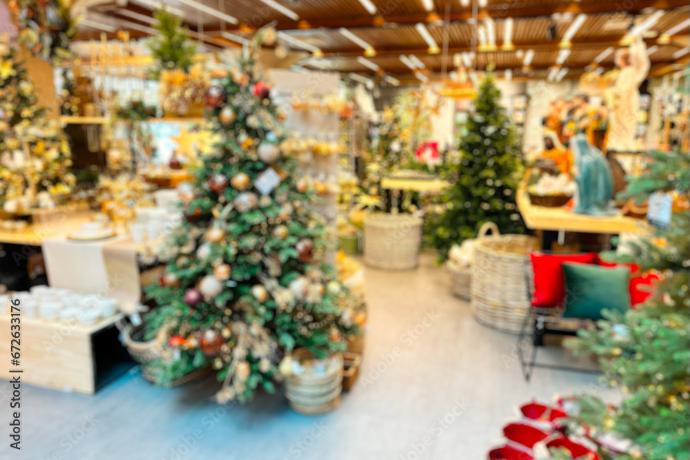 Blurry background of Christmas decorations in store