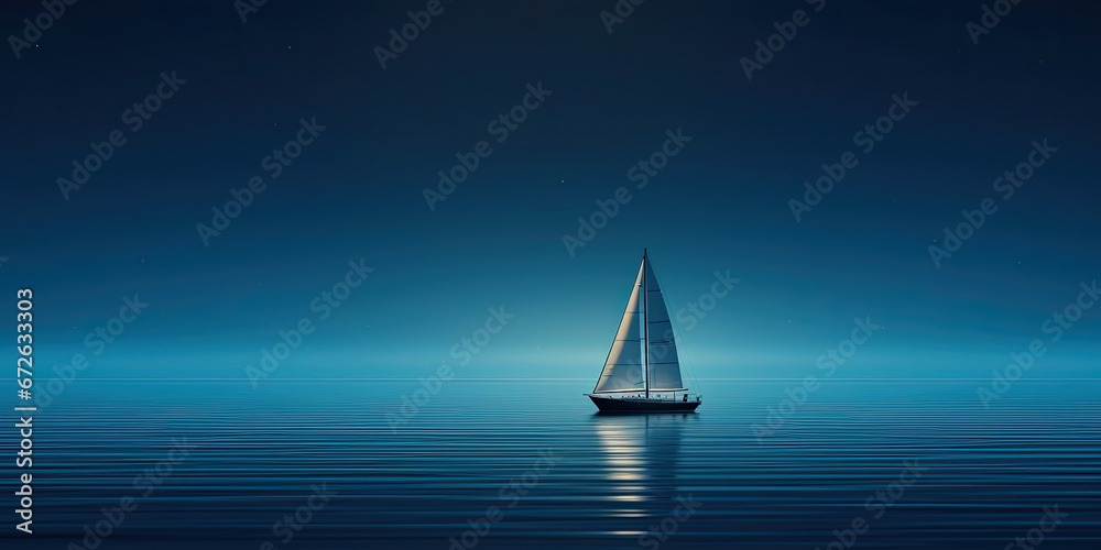 Anime style sailboat on lake ocean sailing minimal panoramic landscape, generated ai - obrazy, fototapety, plakaty 