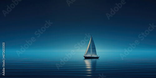 Anime style sailboat on lake ocean sailing minimal panoramic landscape, generated ai
