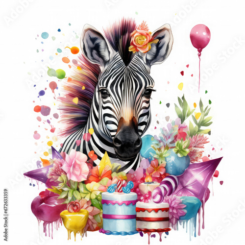 Zebra and birthday party Illustration  Generative Ai