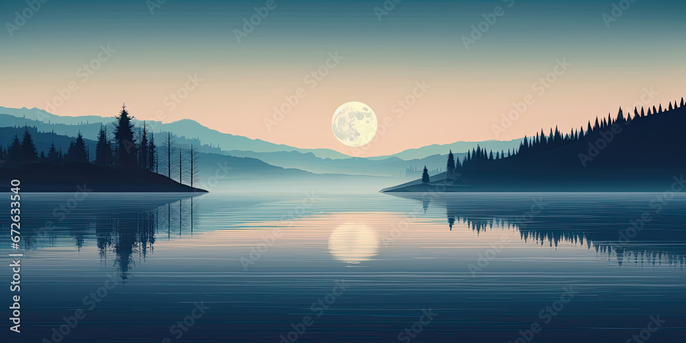 Moonlight over lake anime style calm tranquil waters misty night scene panoramic, generated ai