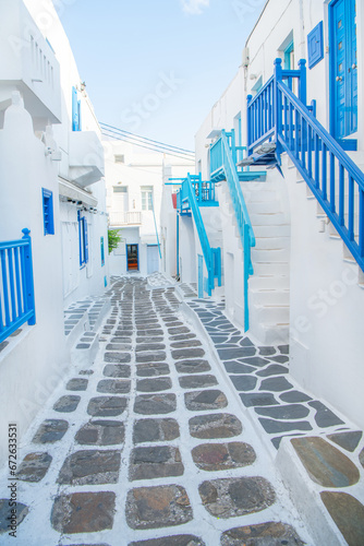 Mykonos  Greece. Wiew of whitewashed cycladic street in beautiful Mykonos town  Cyclades Greek Islands.