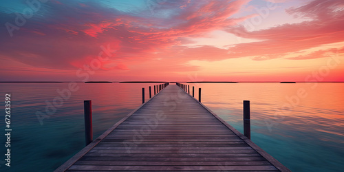 Wooden pier into beautiful sunset pier minimal anime style panorama landscape vibrant calm scene, generated ai
