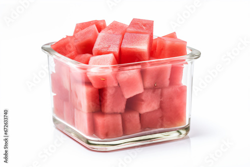 a glass container filled with cubes of watermelon