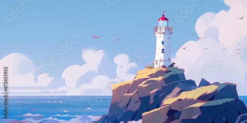 Anime style lighthouse overlooking ocean sea coastline cartoon light house, generated ai