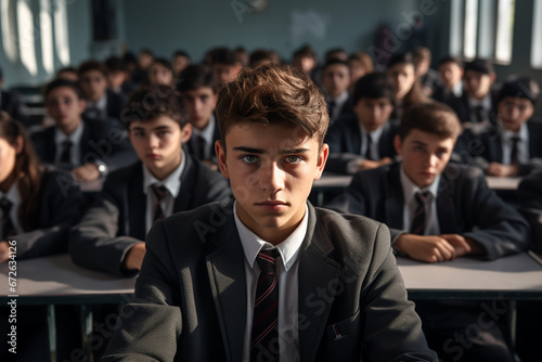 Portrait of boy looking at camera while sitting with his classmates during high school exam