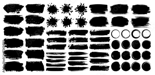 Set of black ink paint brush stroke or grunge overlay texture for social media background design. Grungy watercolor drawing, brushstroke, frame and ornament. Torn or rip paper silhouette for business.