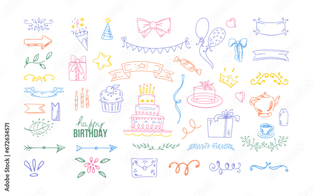 Birthday doodle set. Hand drawn vector Happy Birthday sketches on white background. Envelope, cake, balloon, ice cream, flags, hearts, labels, ribbons, bow, gift, star. Birthday doodle set. Hand drawn vector Happy Birthday sketches on white background. Envelope, cake, balloon, ice cream, flags, hearts, labels, ribbons, bow, gift, star.