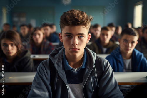 Portrait of boy looking at camera while sitting with his classmates during high school exam