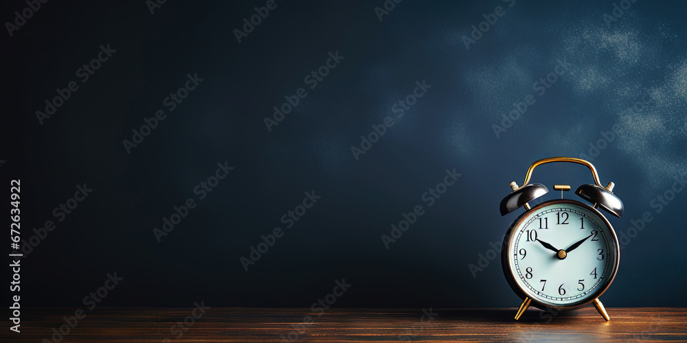 Retro alarm clock on dark interior background. Time to work or get up concept. Generative AI Retro alarm clock on dark interior background. Time to work or get up concept. Generative AI