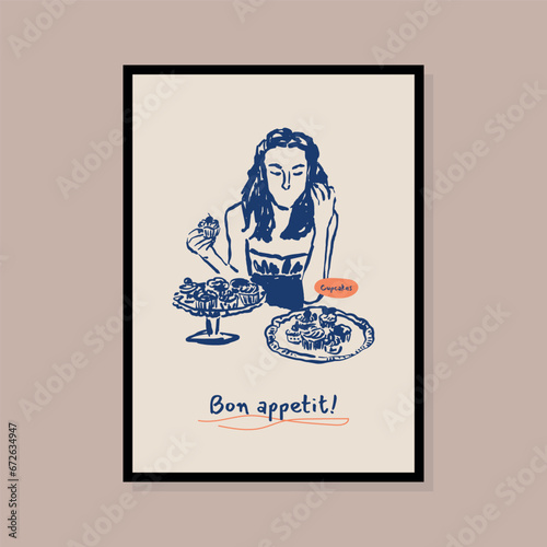 Minimalist hand drawn woman silhouette with food vector print poster. Art for postcards, branding, logo design, background.