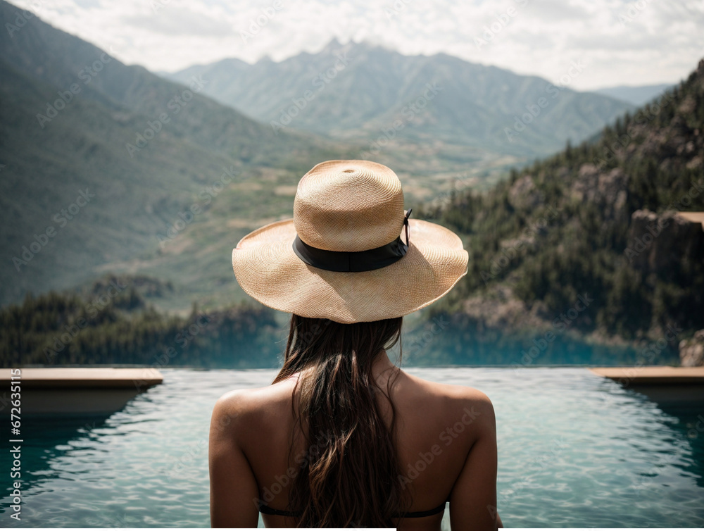 Back view portrait of a beautiful woman in an infinity pool, wearing a hat while gazing at the mountains landscape background.