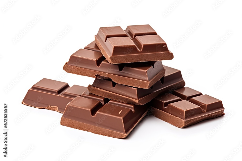 Tempting delights. Close up of delicious dark chocolate stack on white background isolated. Gourmet indulgence. Heap of tasty dark cocoa slices Tempting delights. Close up of delicious dark chocolate stack on white background isolated. Gourmet indulgence. Heap of tasty dark cocoa slices
