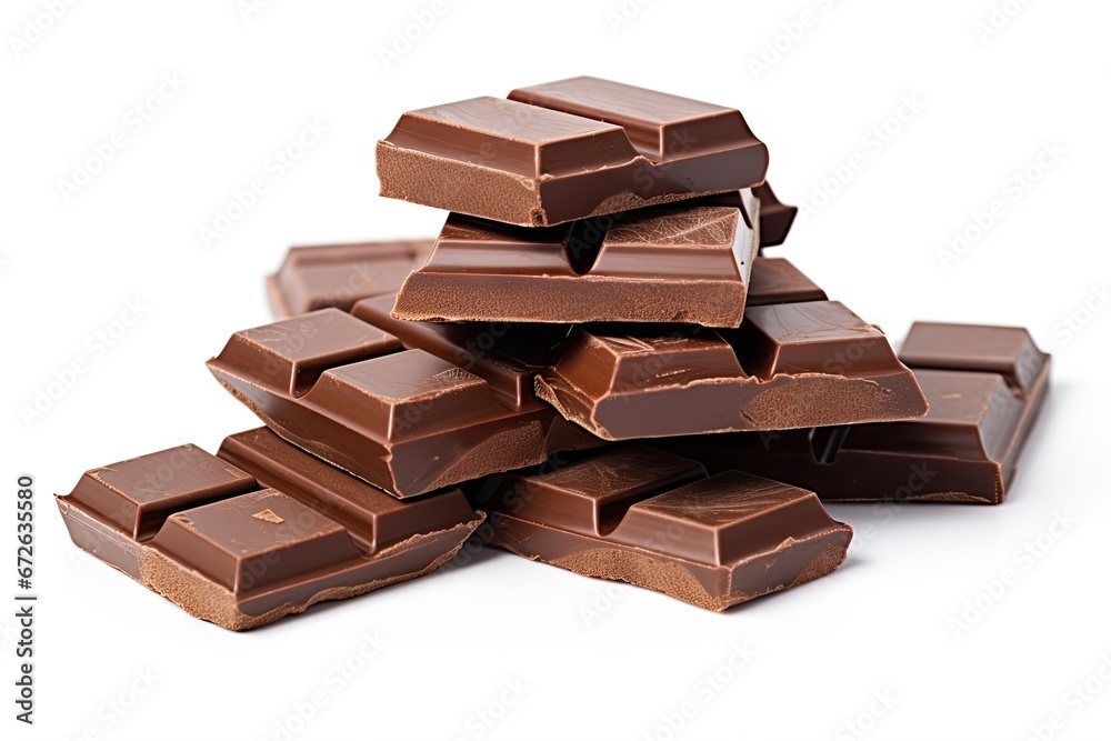 Tempting delights. Close up of delicious dark chocolate stack on white background isolated. Gourmet indulgence. Heap of tasty dark cocoa slices Tempting delights. Close up of delicious dark chocolate stack on white background isolated. Gourmet indulgence. Heap of tasty dark cocoa slices