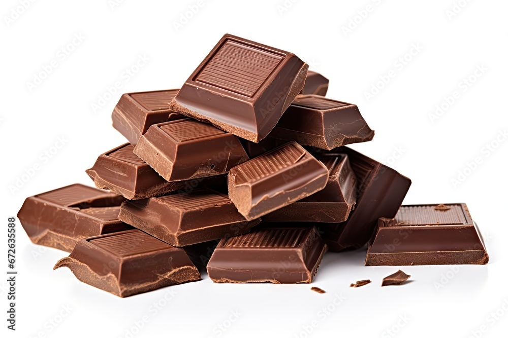 Tempting delights. Close up of delicious dark chocolate stack on white background isolated. Gourmet indulgence. Heap of tasty dark cocoa slices