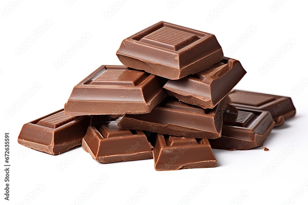Tempting delights. Close up of delicious dark chocolate stack on white background isolated. Gourmet indulgence. Heap of tasty dark cocoa slices Tempting delights. Close up of delicious dark chocolate stack on white background isolated. Gourmet indulgence. Heap of tasty dark cocoa slices