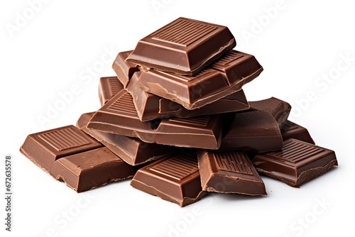 Tempting delights. Close up of delicious dark chocolate stack on white background isolated. Gourmet indulgence. Heap of tasty dark cocoa slices