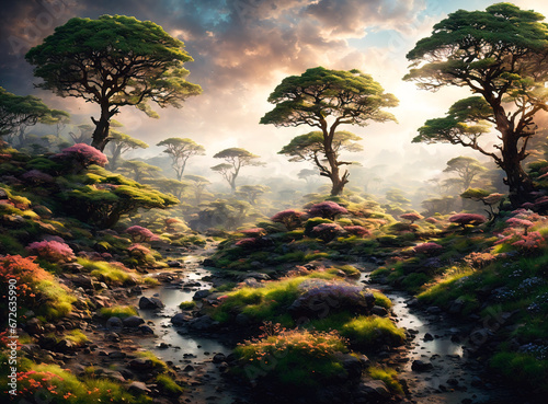 Beautiful fantasy landscape with forest and river at sunrise.