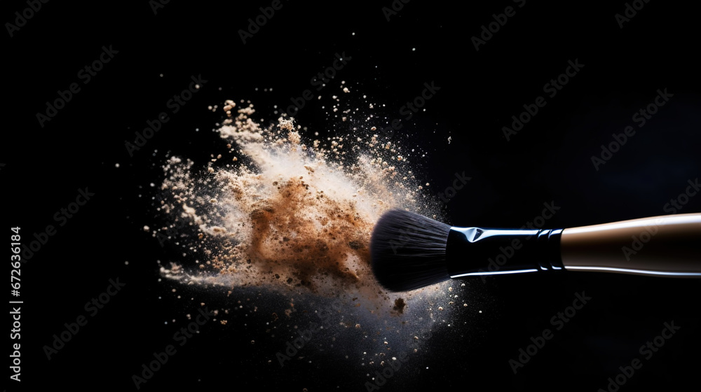 A soft makeup brush breaks the powder into a dusty cloud. Black background. Generative AI - obrazy, fototapety, plakaty 