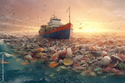 Wasteful ocean with microplastic pollution. Generative AI