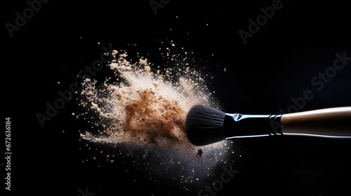 A soft makeup brush breaks the powder into a dusty cloud. Black background. Generative AI