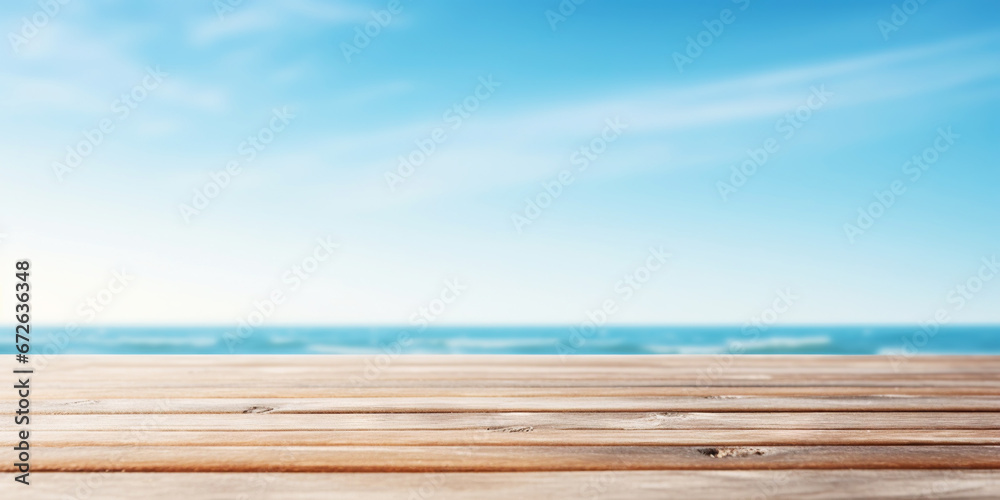 Wood table mockup with blue soft sky background. Empty copy space for product presentation. Generative AI Wood table mockup with blue soft sky background. Empty copy space for product presentation. Generative AI