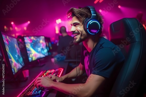 men with professional gamer headsets playing esports video games