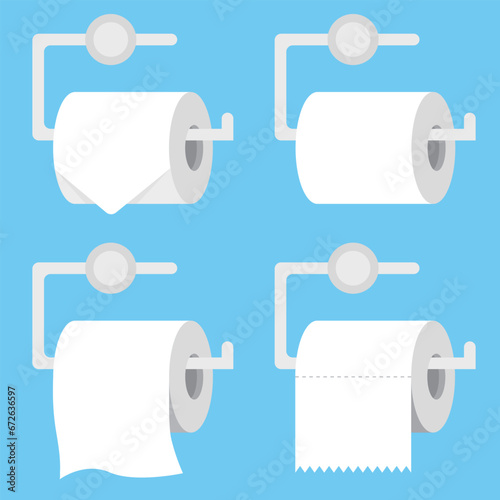Toilet paper roll on toilet paper holder vector illustration on blue background. Restroom tissue paper.
