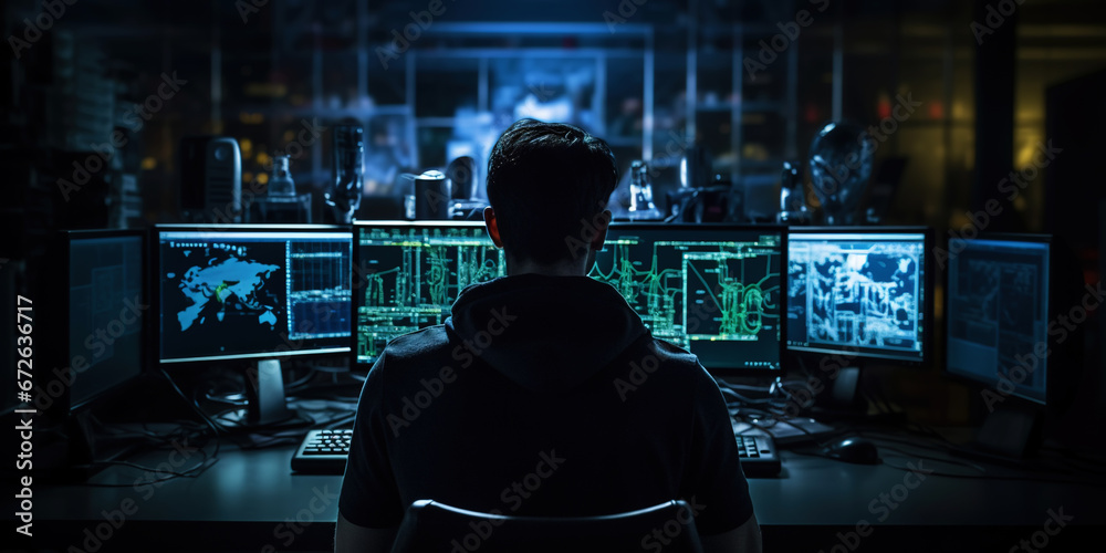 Tech Enthusiast Monitoring Global Data in a Dark Control Room. Hacker concept. Generative AI Tech Enthusiast Monitoring Global Data in a Dark Control Room. Hacker concept. Generative AI