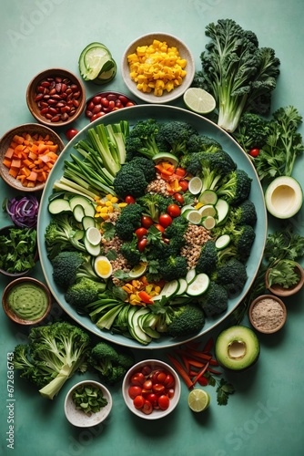 set of various plates of food on background  top view