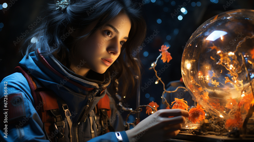 Female astronaut researcher exploring a strange alien planet, conducting scientific research.