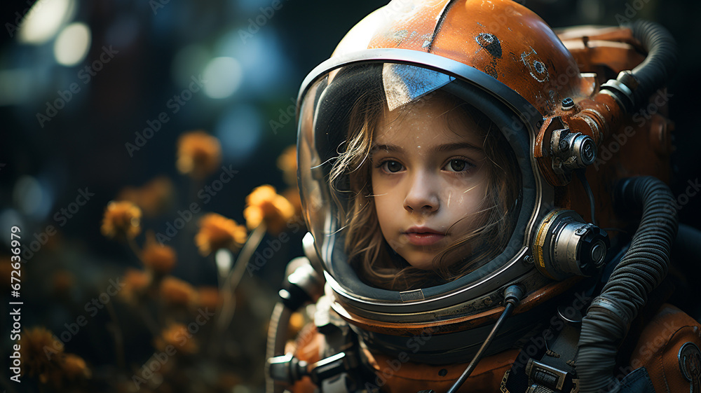 Child astronaut in a space suit investigating a strange alien planet. - obrazy, fototapety, plakaty 