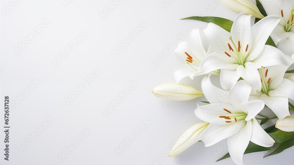 branch of white lilies flowers, mourning or funeral background, condolence card with copy space for text - obrazy, fototapety, plakaty 