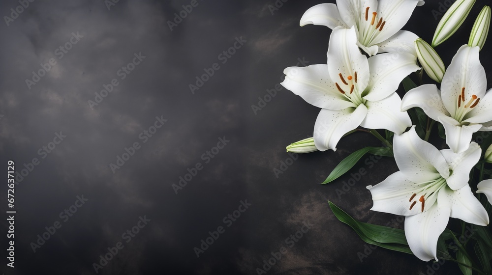 Obraz premium branch of white lilies flowers on dark stone background, condolence card with copy space for text