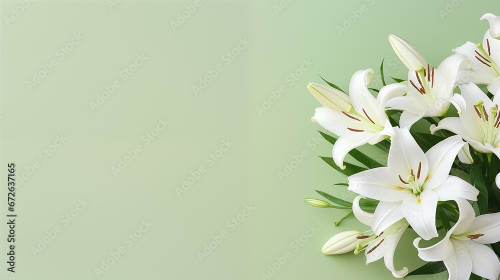 branch of white lilies flowerson green background