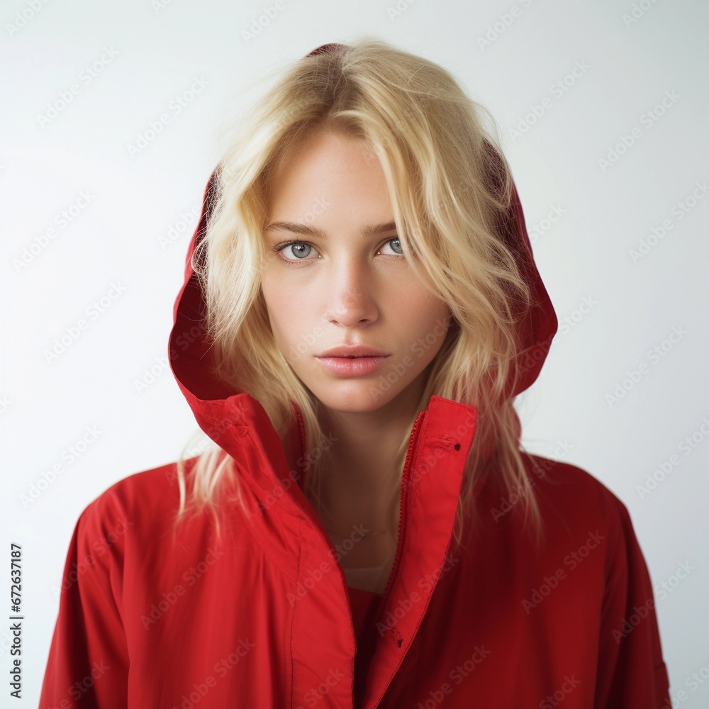 Fototapeta premium Portrait of a blonde hair white girl wear red clothes with a sad expression against white background, AI generated, background image