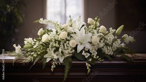 coffin is decorated with branch of white lilies flowers  funeral scene