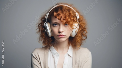 Portrait of a curly hair white girl with very disappointed expression wearing headphone against white background, AI generated, background image