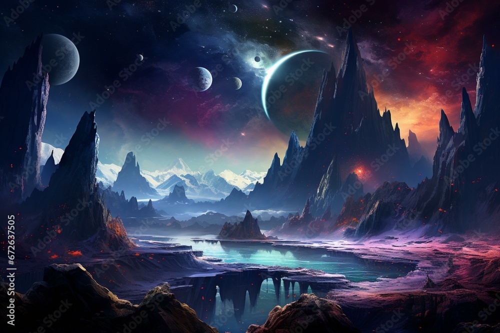 Colorful celestial environment featuring ethereal nebulae, planetary body, and majestic mountains. Crafted with utmost precision in 3D. Generative AI