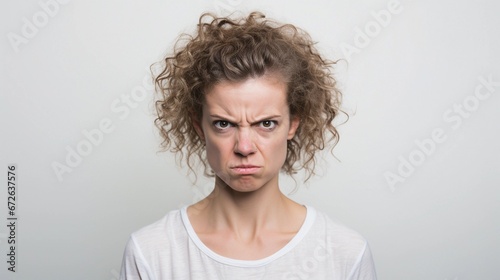 Portrait of a white female with frustrated expression against white background, AI generated, background image © Hifzhan Graphics