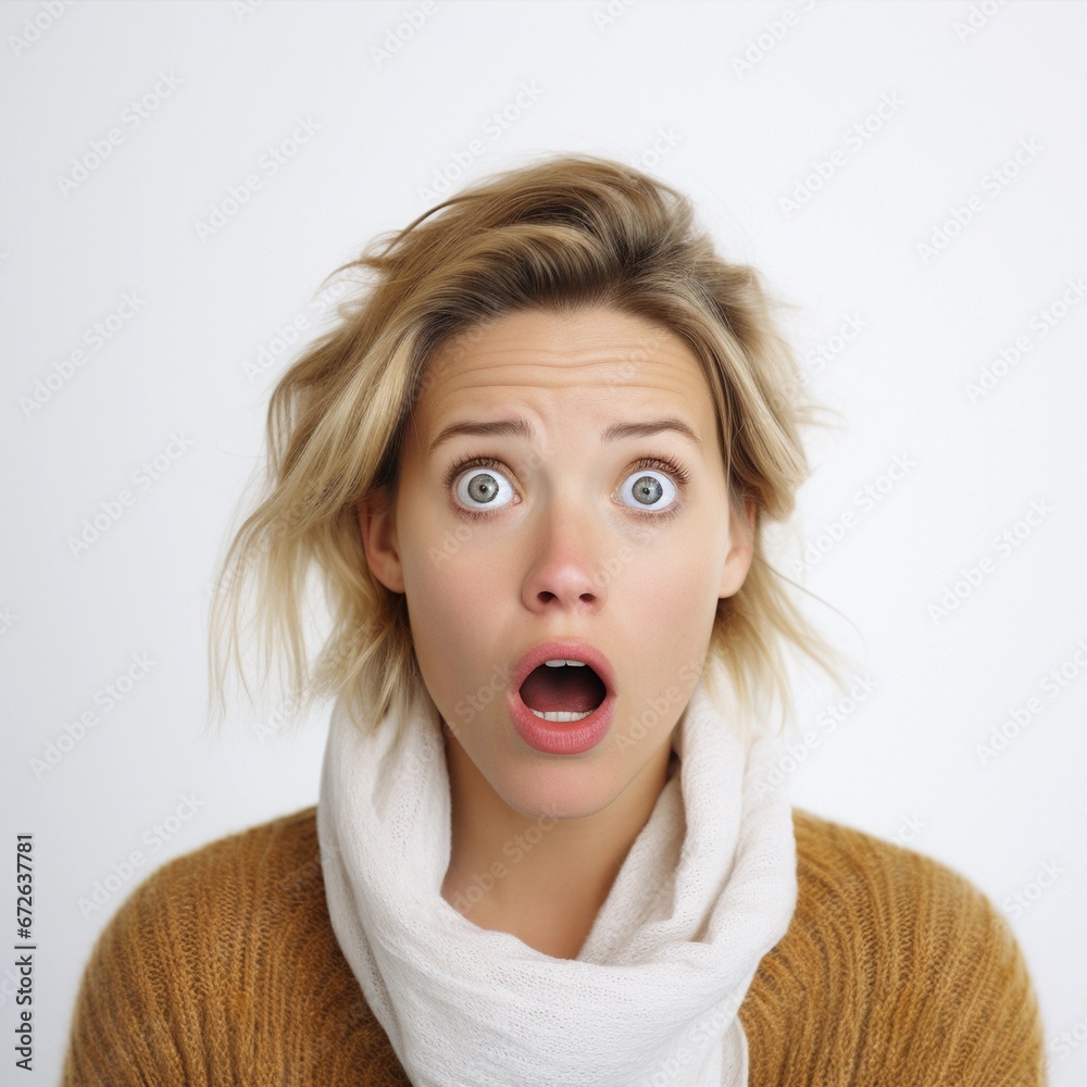 Portrait of a white female with Shocked expression against white background, AI generated, background image Portrait of a white female with Shocked expression against white background, AI generated, background image