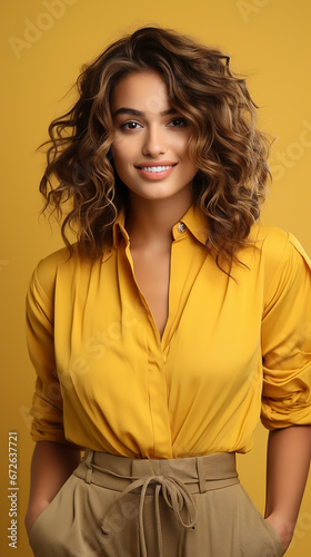 Girl with stylish haircut, looking at camera with smile. Vertical photo for smartphone. Portrait of joyful lady in summer outfit. Yellow background. High quality photo.
