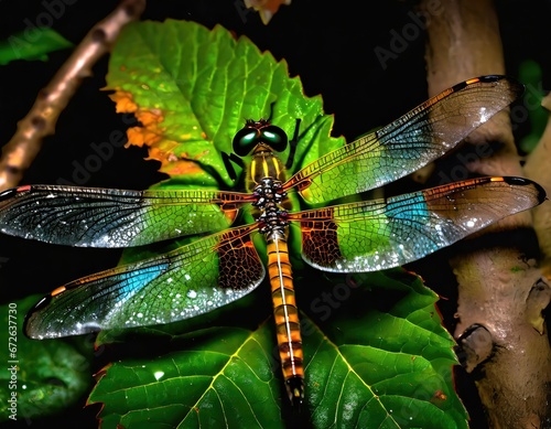 Splendeur nocturne : libellule révélant ses ailes irisées sous un éclairage dramatique © VincentBesse 