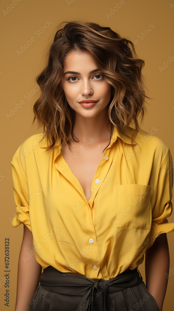 Stylish girl with cool haircut, looking at camera with smile. Portrait of joyful lady in summer outfit. Yellow background. High quality photo. Stylish girl with cool haircut, looking at camera with smile. Portrait of joyful lady in summer outfit. Yellow background. High quality photo.