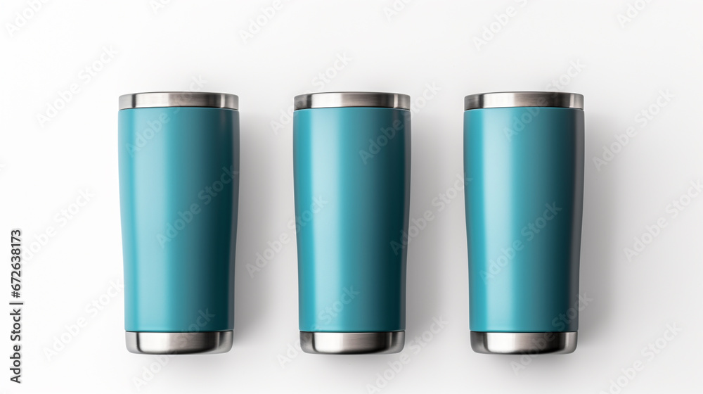Set of Blank Empty Stainless Steel Metallic Tumbler Cup with Lid, Isolated on White Background. Water Bottle, Product Mock-up - Coffee or Tea Tumbler, Travel Cup, 3D Render, Packaging. Generative AI. Set of Blank Empty Stainless Steel Metallic Tumbler Cup with Lid, Isolated on White Background. Water Bottle, Product Mock-up - Coffee or Tea Tumbler, Travel Cup, 3D Render, Packaging. Generative AI.