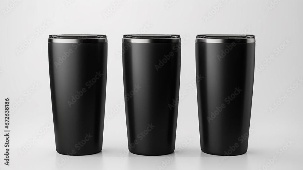 Set of Blank Stainless Steel Matt Black Tumbler Cup with Lid, Isolated on White Background. Water Bottle, Product Mock-up - Coffee or Tea Tumbler, Travel Cup, 3D Render, Packaging. Generative AI. Set of Blank Stainless Steel Matt Black Tumbler Cup with Lid, Isolated on White Background. Water Bottle, Product Mock-up - Coffee or Tea Tumbler, Travel Cup, 3D Render, Packaging. Generative AI.